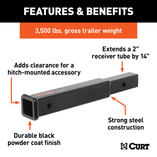 CURT 14" Receiver Tube Extender (2" Shank, 3,500 lbs.) Trailer Hitch