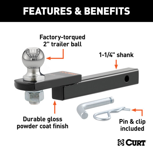CURT Towing Starter Kit with 2" Ball (1-1/4" Shank, 3,500 lbss, 3/4" Rise) Trailer Hitch Ball Mount