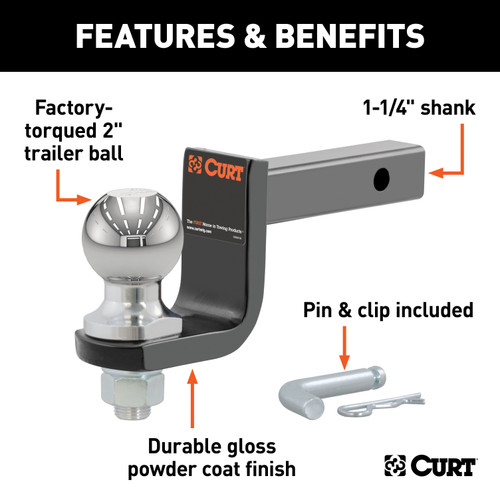 CURT Towing Starter Kit with 2" Ball (1-1/4" Shank, 3,500 lbss, 3-1/4" Drop) Trailer Hitch Ball Mount