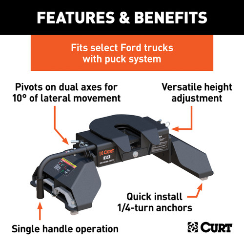 CURT 16K, E16 5th Wheel Hitch, Select Ford F-250, F-350, F-450, 8' Bed Puck System 