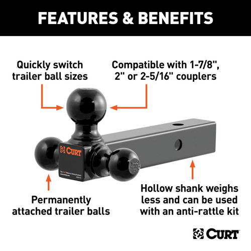 CURT Multi-Ball Mount (2" Hollow Shank, 1-7/8", 2" & 2-5/16" Black Balls) Trailer Hitch Ball Mount