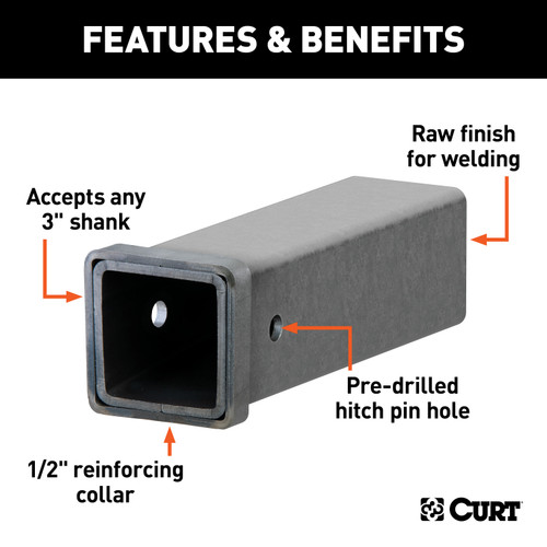 CURT 49517 3 x 12-Inch Weld-On Raw Steel Trailer Hitch Receiver Tube, 5/8-In Pin Hole
