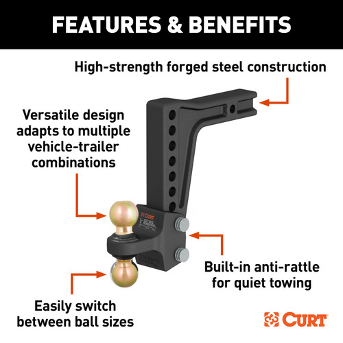 CURT HD Deep-Drop Adjustable Hitch Ball Mount with Dual Ball, 2-1/2" Shank, 20K Trailer Hitch Ball Mount