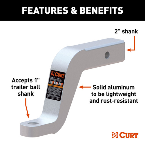 CURT Aluminum Ball Mount (2" Shank, 8,000 lbss, 6" Drop, 8-1/2" Long) Trailer Hitch Ball Mount