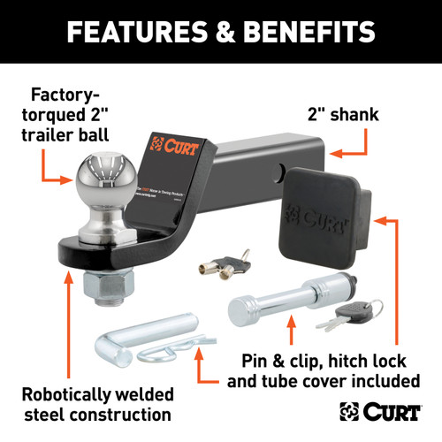 CURT Towing Starter Kit with 2" Ball (2" Shank, 7,500 lbss, 2" Drop) Trailer Hitch Ball Mount Kit