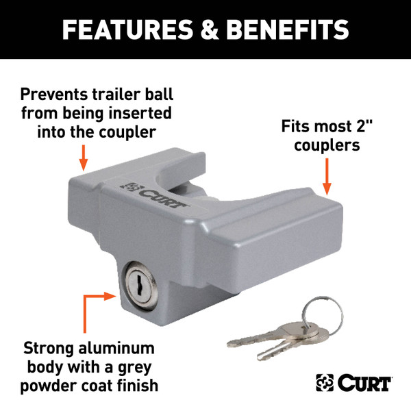 CURT 23079 Powder-Coated Aluminum Trailer Tongue Lock, Fits Most 2-Inch, 1-7/8-Inch Couplers
