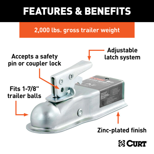 CURT 2,000 lbs Straight Tongue Trailer Coupler (2-1/2-Inch Channel) 1-7/8-In Hitch Ball
