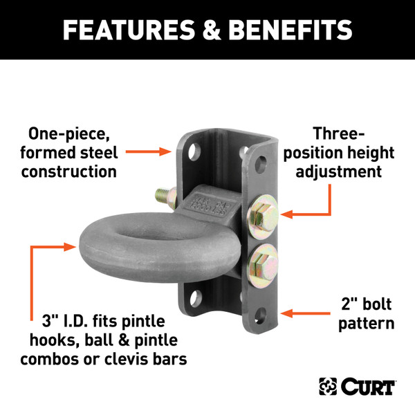 CURT 48631 Raw Steel Adjustable Pintle Hitch Lunette Ring 3-In ID, 12,000 lbs, 7-1/2-Inch Channel Height