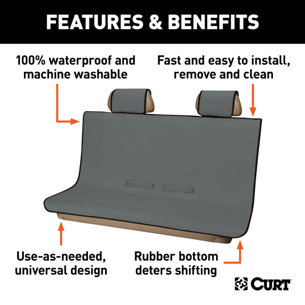 CURT 18510 Seat Defender 58-Inch x 55-Inch Grey Waterproof Universal Bench Car Seat Cover Protector