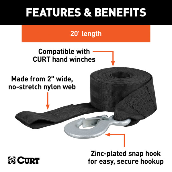 CURT 29451 2-Inch x 20-Foot Nylon Winch Strap with Hook, 3,300 lbs