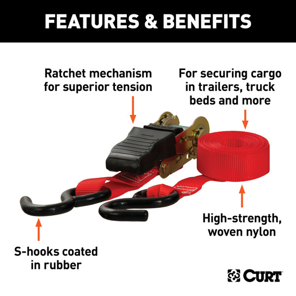 CURT 83002 1-Inch x 16-Foot Red Nylon Ratchet Straps, 1,500 lbs. Break Strength, 4-Pack