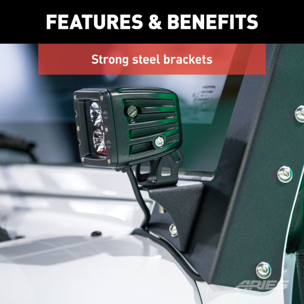 ARIES 1501304 LED Lights for Jeep Wrangler JK, Windshield Brackets, 2-Inch, 2,200-Lumen Spot Beams