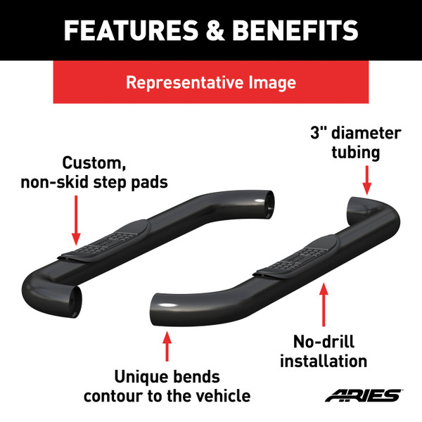 ARIES 205000 3-Inch Round Black Steel Nerf Bars, No-Drill, Fits Select Dodge Dakota