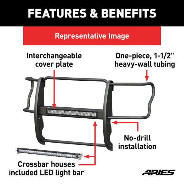 ARIES 2170037 Pro Series Black Steel Grille Guard with Light Bar, Select Ford Ranger