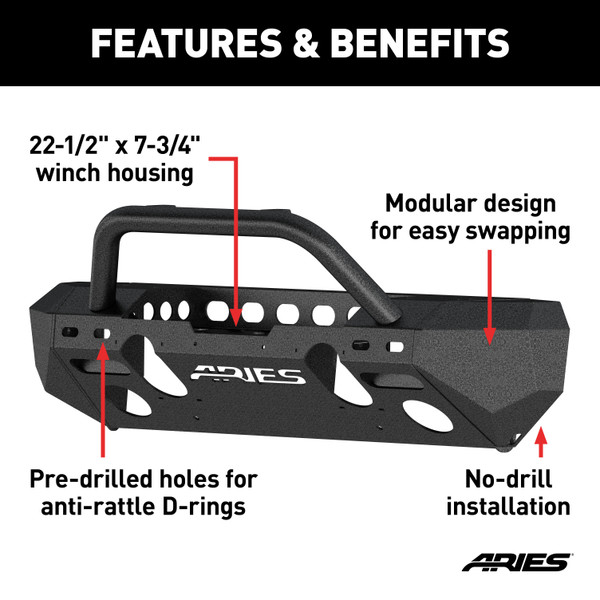 ARIES 2082054 TrailChaser Black Aluminum Front Bumper with Brush Guard and Winch Mount, Select Jeep Wrangler JK