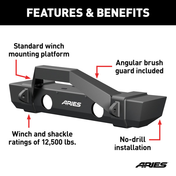 ARIES 2186002 TrailCrusher Black Steel Jeep Wrangler JL, Gladiator Front Bumper with Brush Guard, 12,500 lbs Winch and Shackle Ratings
