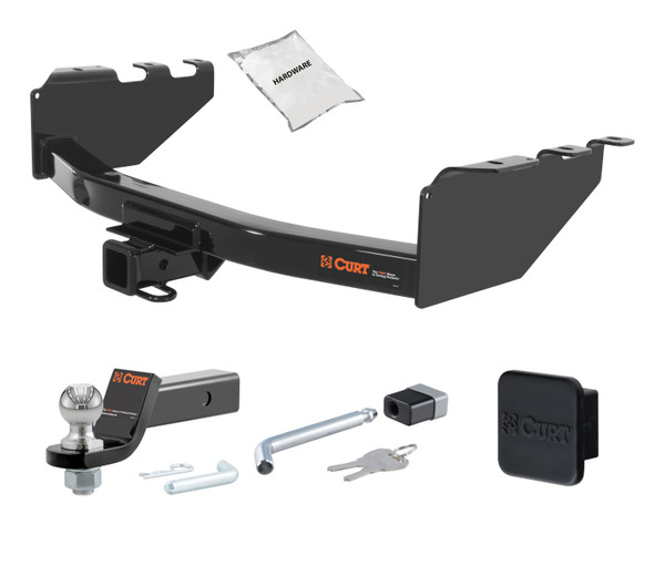 07 - 18 Chevrolet Silverado 1500 Excluding roll pan bumper, Tommy Gate lift or 10" drop bumper 2in. CURT Trailer Hitch + Ball Mount + Cover + Lock Kit HWA419 - CURT