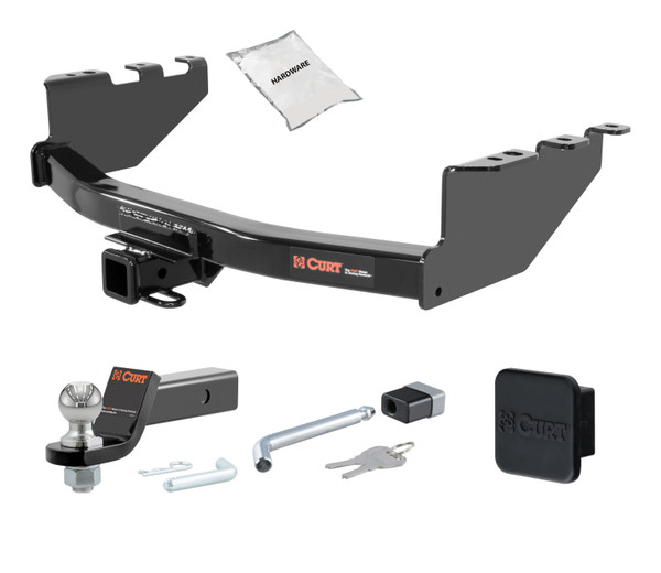 14 - 18 Chevrolet Silverado 1500 Excluding roll pan bumper, Tommy Gate lift or 10" drop bumper 2in. CURT Trailer Hitch + Ball Mount + Cover + Lock Kit HWA418 - CURT
