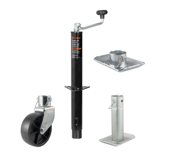 CURT 5,000 lbs, 15" Travel A-Frame Trailer Jack with Top Handle  + 6 in. Caster + 1-11/16 in Foot Plate + 8-1/2 in. Footplate Kit - CURT