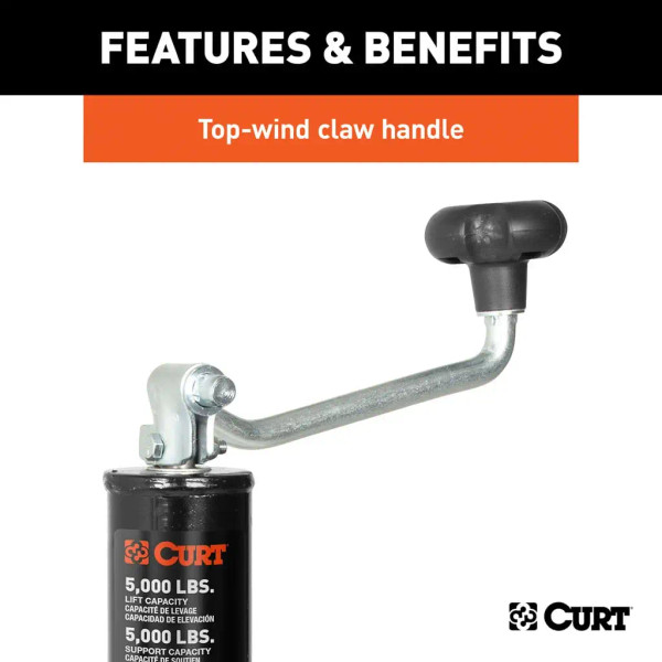 CURT 5,000 lbs, 15" Travel A-Frame Trailer Jack with Top Handle  + 6 in. Caster Wheel