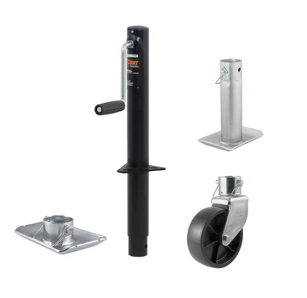 CURT 2,000 lbs, 14-1/2" Travel A-Frame Trailer Jack with Side Handle  + 6 in. Caster + 1-11/16 in Foot Plate + 8-1/2 in. Footplate Kit - CURT
