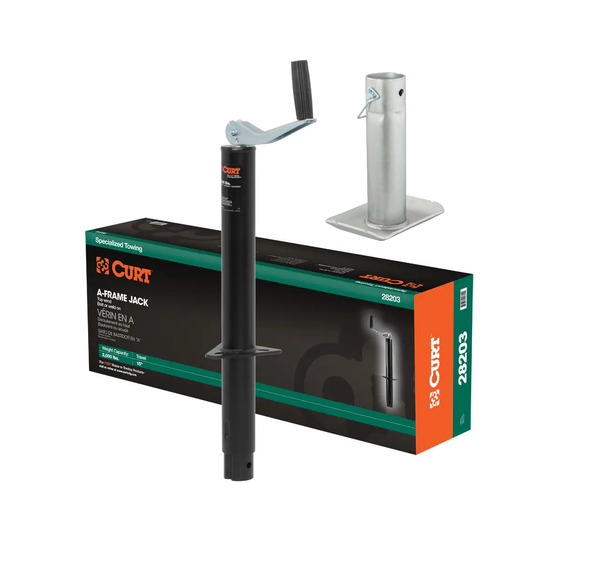 CURT 2,000 lbs, 15" Travel A-Frame Jack with Top Handle Packaged + 8-1/2 in. Foot Plate - CURT