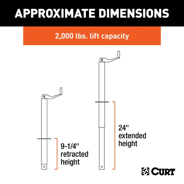 CURT 2,000 lbs, 15" Travel A-Frame Jack with Top Handle Packaged + 6 in. Caster + 1-11/16 in Foot Plate + 8-1/2 in. Footplate Kit