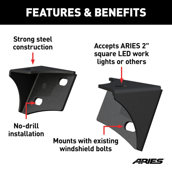 ARIES AR15800 Jeep Wrangler JK Windshield Light Brackets, LEDs Sold Separately