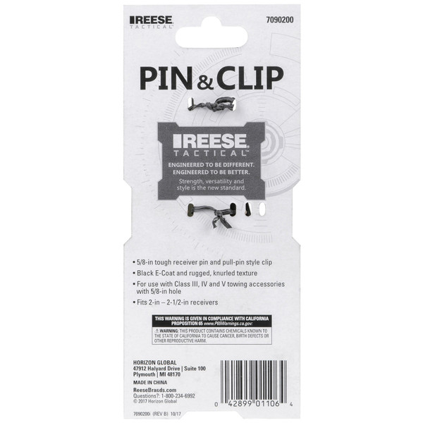 Reese Tactical  Trailer Hitch Pin & Clip, Fits 2 in. & 2-1/2 in. Receivers, 5/8 in. Pin Diameter, Matte Black
