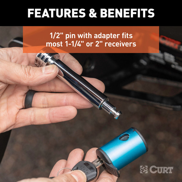 CURT 1/2" Hitch Lock with 5/8" Adapter (1-1/4" or 2" Receiver, Right-Angle, Chrome) Trailer Hitch Lock