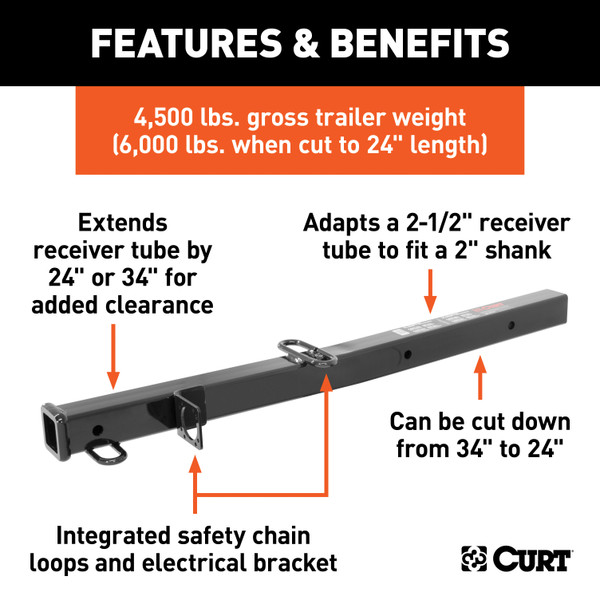 CURT Receiver Tube Adapter (2-1/2" to 2" Shank, 4,500 lbs. GTW, 34" Length) Trailer Hitch Receiver Tube Adapter