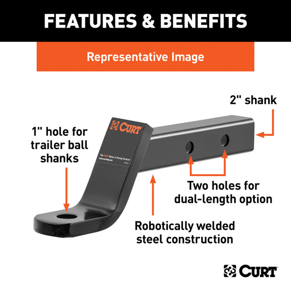 CURT Dual-Length Ball Mount (2" Shank, 7,500 lbss., 4" Drop, 8-1/8" or 11-1/8" Long) Trailer Hitch Ball Mount
