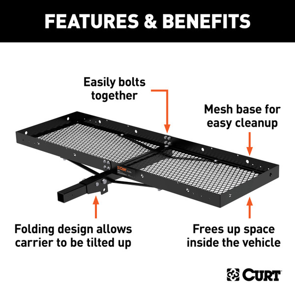 CURT 60" x 20" Black Steel Tray Cargo Carrier (Folding 2" Shank, 500 lbs.) Receiver Hitch Mounted Cargo Carrier