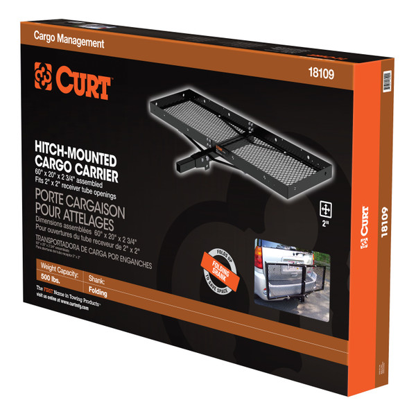 CURT 60" x 20" Black Steel Tray Cargo Carrier (Folding 2" Shank, 500 lbs.) Receiver Hitch Mounted Cargo Carrier