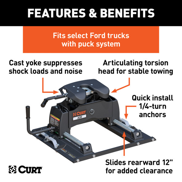 CURT 20K, A20 Sliding 5th Wheel Hitch, Select Ford F250, F350, F450, 6.75' Bed Puck System 