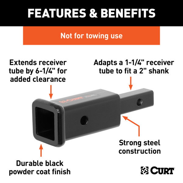 CURT Receiver Tube Adapter (1-1/4" to 2" Shank, Not for Towing Use, 6-1/4" Length) Trailer Hitch Receiver Tube Adapter
