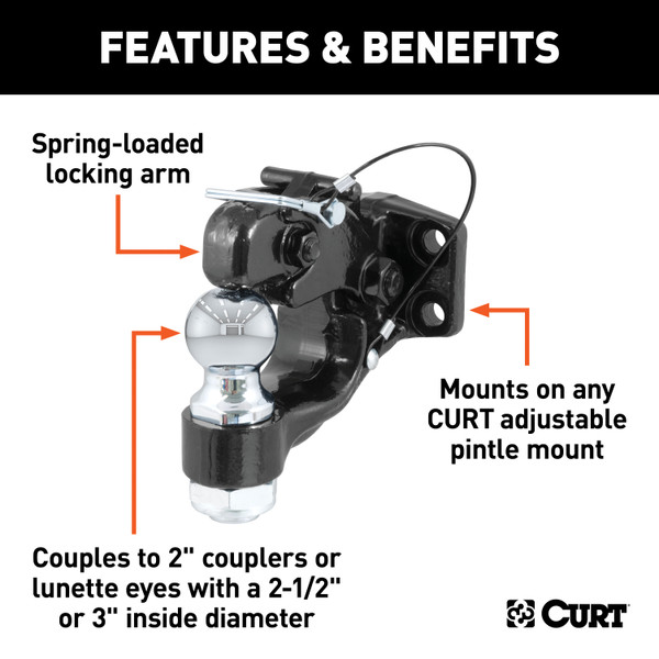 CURT Ball & Pintle Hitch (2" Ball, 10,000 lbs. Ball Capacity) Trailer Hitch Pintle Hook Mount