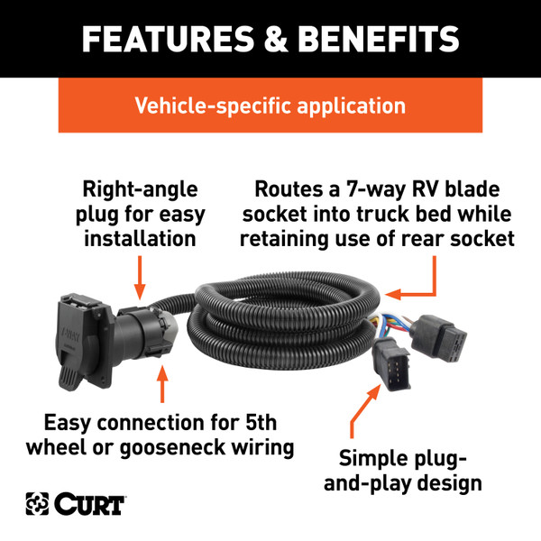 CURT 7' Custom Wiring Extension Harness (Adds 7-Way RV Blade to Truck Bed) Trailer Connector Kit