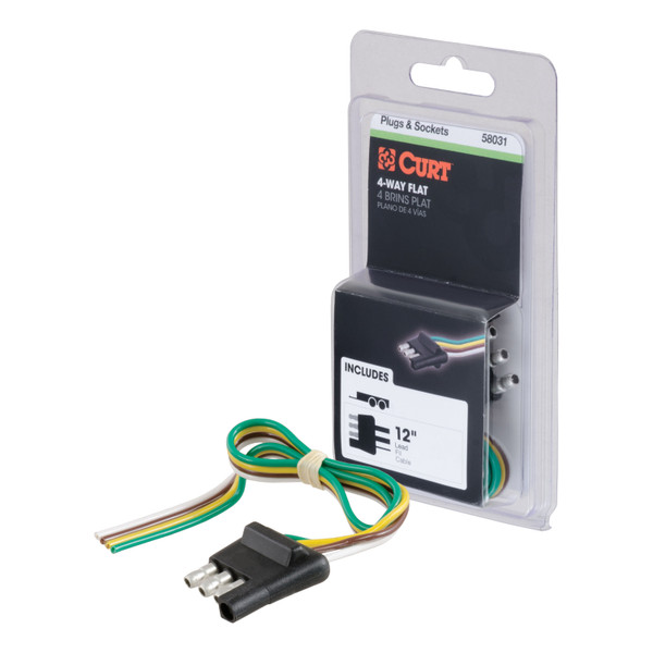 CURT 4-Way Flat Connector Plug with 12" Wires (Trailer Side, Packaged) Trailer Connector Kit - CURT
