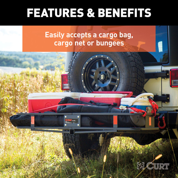 CURT 60" x 20" Black Steel Basket Cargo Carrier (Folding 2" Shank, 500 lbs.) Receiver Hitch Mounted Cargo Carrier