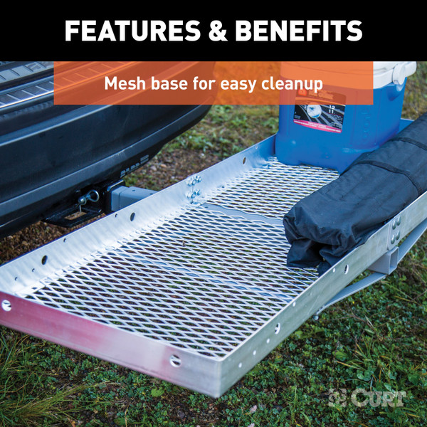 CURT 60" x 20" Aluminum Tray Cargo Carrier (Folding 2" Shank, 500 lbs.) Receiver Hitch Mounted Cargo Carrier