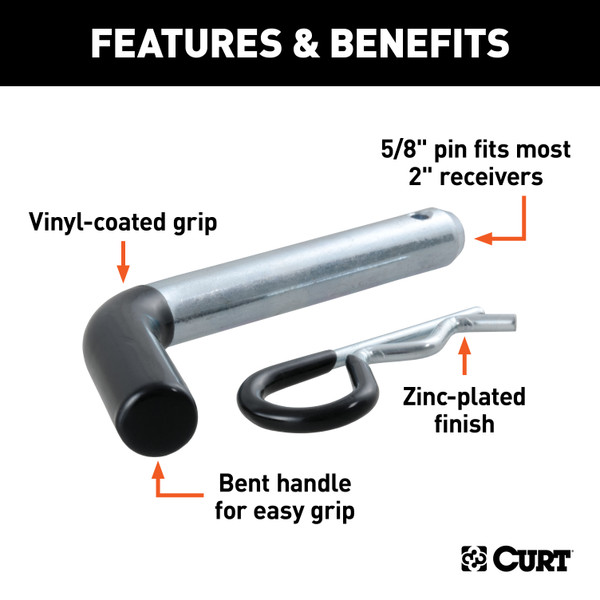 CURT 5/8" Hitch Pin (2" Receiver, Zinc with Rubber Grip, Packaged) Trailer Hitch Pin