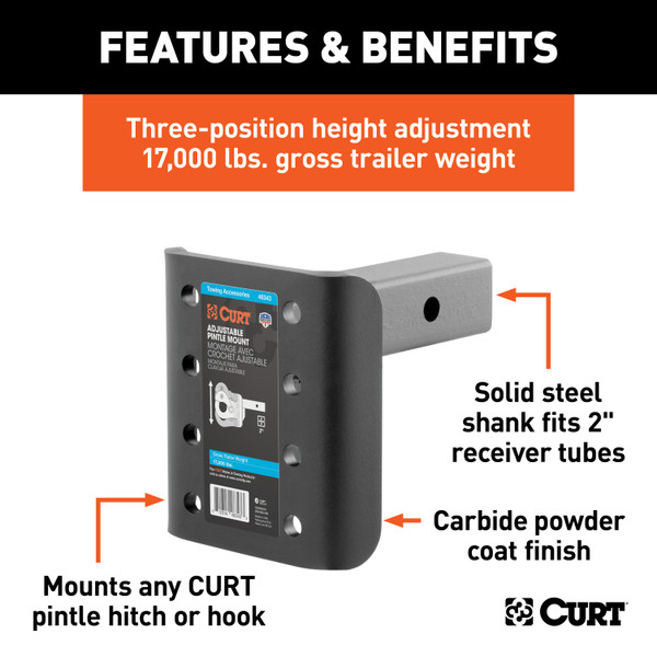 CURT Adjustable Pintle Mount (2" Shank, 17,000 lbs., 7-1/4" High, 6" Long) Trailer Hitch Pintle Hook Mount