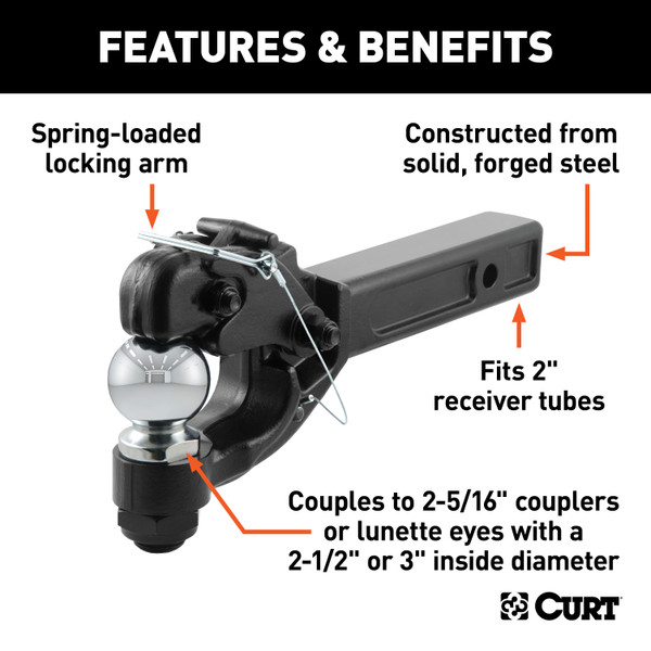 CURT Receiver-Mount Ball & Pintle Hitch (2" Shank, 2-5/16" Ball, 12,000 lbs.) Trailer Hitch Pintle Hook Mount
