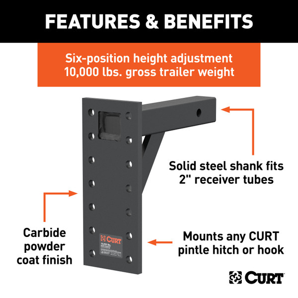 CURT Adjustable Pintle Mount (2" Shank, 10,000 lbs., 13" High, 10" Long) Trailer Hitch Pintle Hook Mount
