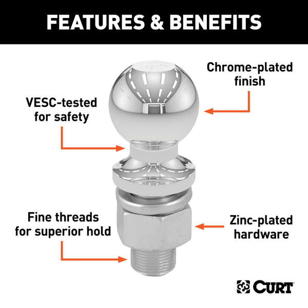 CURT 2" Trailer Ball (1" x 2-1/8" Shank, 7,500 lbs., Chrome, Packaged) Trailer Hitch Ball