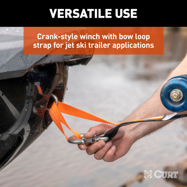 CURT Hand Crank Winch with 15' Strap & Bow Loop (900 lbs, 6.5" Handle) Winch