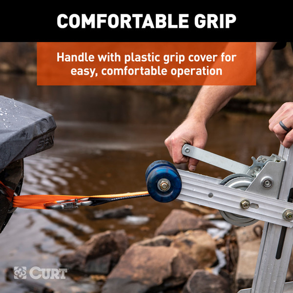 CURT Hand Crank Winch with 15' Strap & Bow Loop (900 lbs, 6.5" Handle) Winch