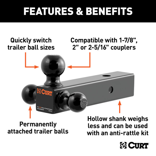 CURT Multi-Ball Mount (2-1/2" Hollow Shank, 1-7/8", 2" & 2-5/16" Black Balls) Trailer Hitch Ball Mount