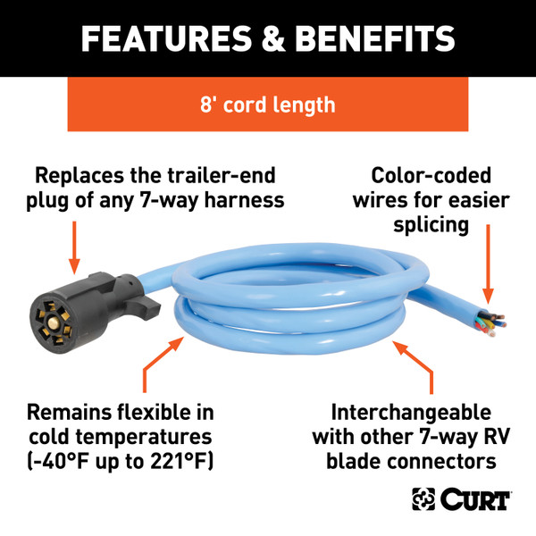 CURT Cold-Weather Replacement 7-Way RV Blade with 8' Wires (Trailer Side) Trailer Wiring Adapter Connector